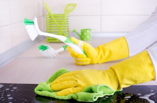 Trained carpet cleaner using protective gloves and footwear